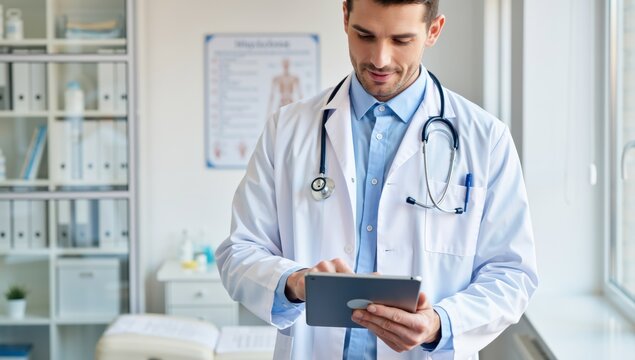 Concentrated doctor using digital tablet in his office for medical consultation and diagnosis