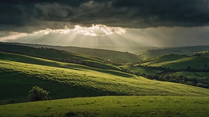 Discover stunning countryside views with dramatic sunlight breaking through storm clouds, perfect for travel inspiration and landscape photography enthusiasts seeking natural beauty