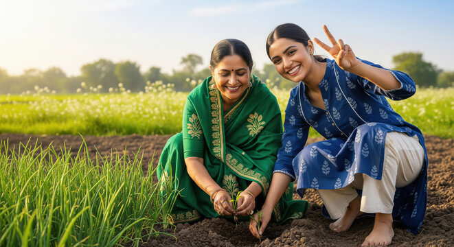 Happy Indian Women Planting Seedlings in Sunny Field