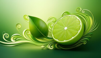 fresh green lime with abstract swirl design and leafy accents on a soft gradient background