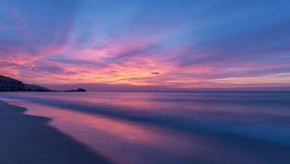 Fototapeta premium Serene Sunset Reflection on Coastline, Colors Blend in Harmony Sky with Rays.