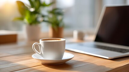 A bright and airy home or office scene featuring a steaming cup of coffee and a laptop on a rustic wooden desk with lush green plants and soft sunlight creating a productive and cozy atmosphere