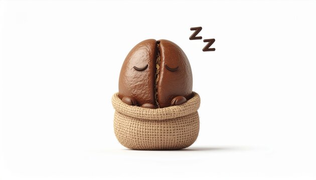 A coffee bean character sleeping peacefully in a burlap sack, indicated by "ZZ" above it.