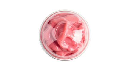 Isolated refreshing strawberry smoothie, blended drink in clear plastic cup, top view