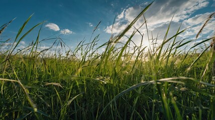 Sunlight filters through lush green grass against a brilliant blue sky, creating a serene and calming scene for nature lovers and outdoor enthusiasts, perfect for spring and summer vibes