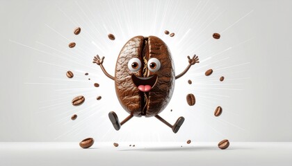 Animated coffee bean character jumping joyfully with arms raised, surrounded by beans.