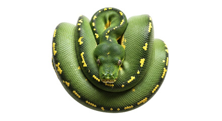 Isolated Emerald Tree Boa coiled, on display, vibrant green snake with yellow spots, exotic reptile