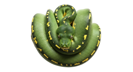 Isolated Emerald Tree Boa coiled, on display, vibrant green snake with yellow spots, exotic reptile