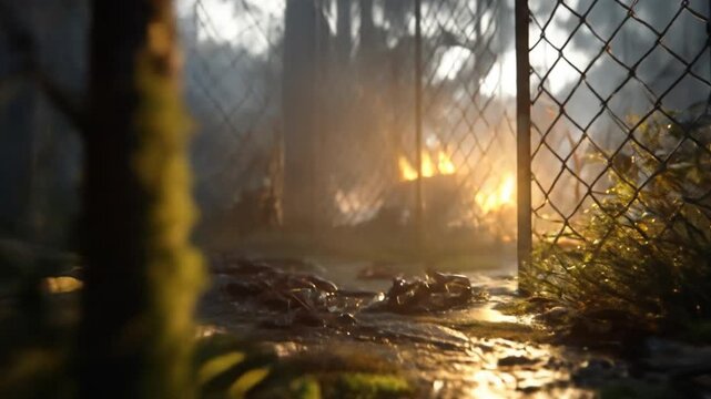 A misty, low-angle shot peering through a chain-link fence towards a hazy, golden lit forest