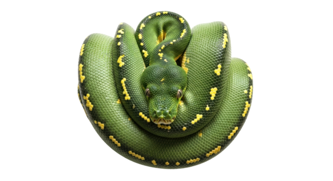 Isolated Emerald Tree Boa coiled, on display, vibrant green snake with yellow spots, exotic reptile