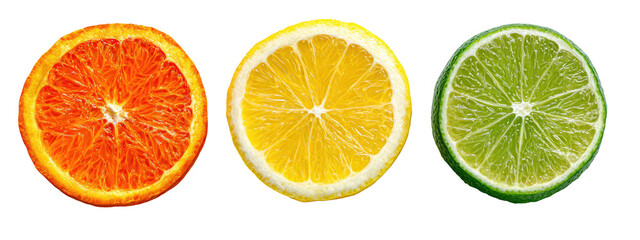 Obraz premium Close-up view of three citrus slices; an orange, a lemon, and a lime, arranged horizontally against a black background. 