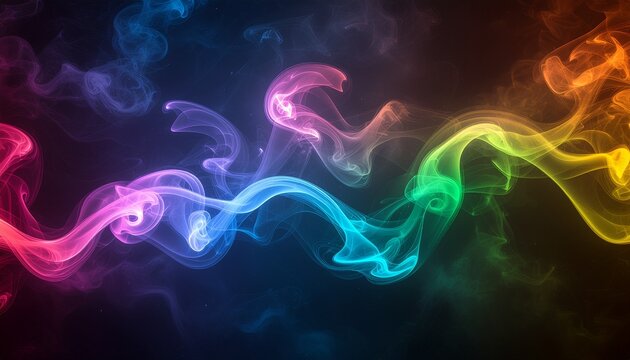 Colorful, swirling smoke art piece with vibrant rainbow hues against a dark background.
