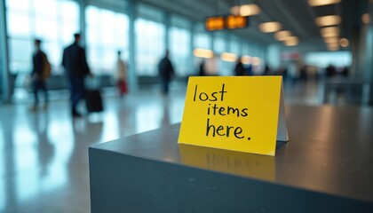 Yellow sign reads lost items here placed in busy airport terminal. People travel with luggage, catch flights, and pass by information desk. Modern travel hub.