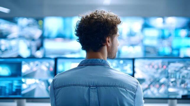 A focused man with curly hair watches a large grid of digital screens showing live feeds representing a high tech surveillance or ope nal monitoring environment