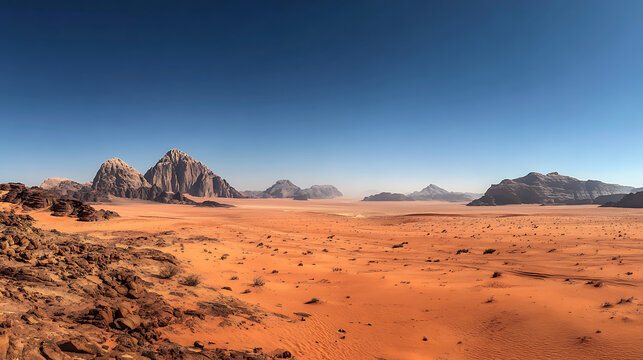 Vast desert panorama with rugged mountains under clear blue sky landscape sand