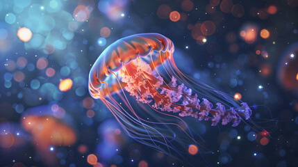 A Stunning, glowing jellyfish floating gracefully underwater, illuminated by sparkling lights, creating a mesmerizing aquatic spectacle