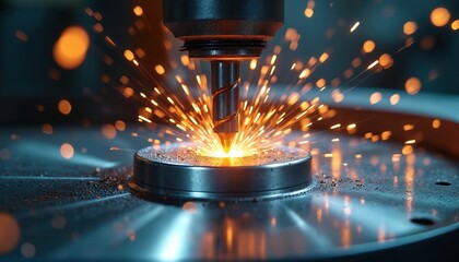 Precision drilling machine cuts shiny metal creating bright sparks. Liquid coolant sprays during industrial fabrication process on metal surface. Metalworking machine operates with high tech