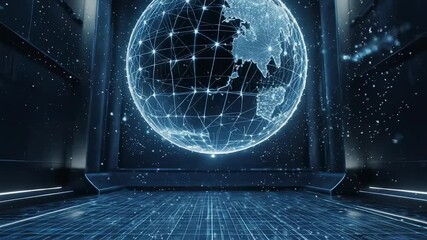 A futuristic digital visualization of a spinning globe amidst a high-tech environment, showcasing connectivity and data flow through a sparkling network of stars. - Powered by Adobe