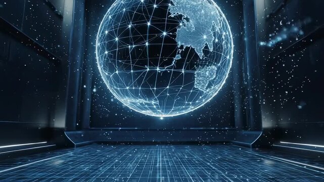 A futuristic digital visualization of a spinning globe amidst a high-tech environment, showcasing connectivity and data flow through a sparkling network of stars. - Powered by Adobe