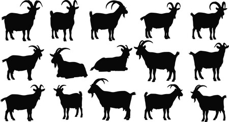 Set of goat silhouettes in various poses and horn styles, ideal for farm animal icons, wildlife design, and livestock illustration.
