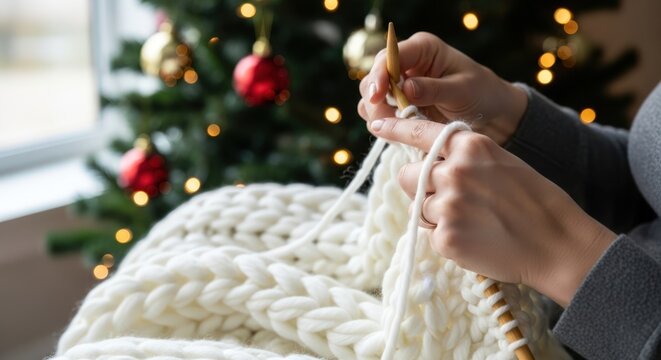 Close-up of hands knitting a white chunky blanket