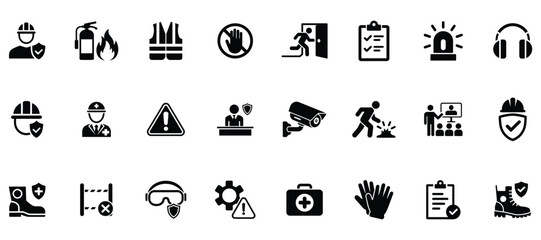 Set of safety and protection icons representing workplace safety and personal protective equipment