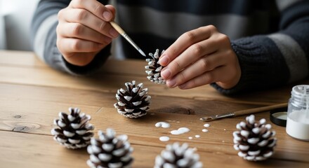 A person decorating pinecones on a wooden table