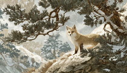 Wild canine stands alert among snow-dusted pine branches in a frosty woodland scene