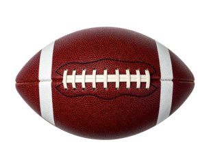 Close-up of a textured brown American football with white stripes
