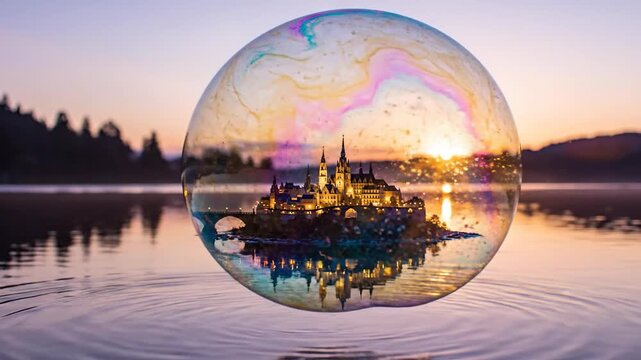 Iridescent soap bubble floating above water, reflecting illuminated castle on island during colorful sunset, intricate water ripples below