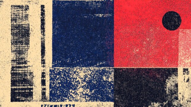 An abstract composition featuring bold colors and geometric shapes, creating a dynamic visual effect with a retro aesthetic.