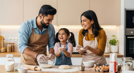 Happy family baking together in kitchen, covered in flour