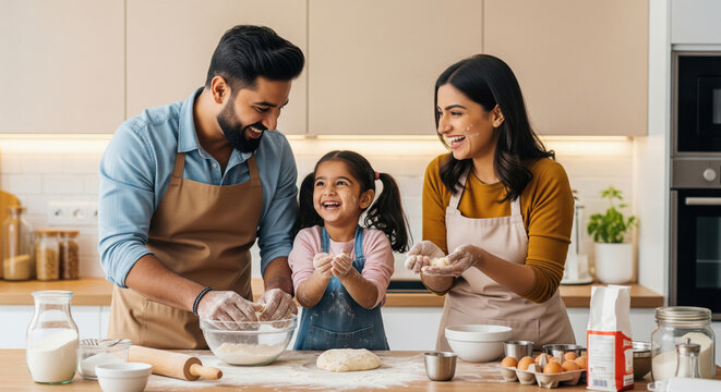 Happy family baking together in kitchen, covered in flour