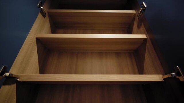 Smooth camera movement revealing modern wardrobe interior with shelves. Empty wooden shelf. Minimalist home furniture design, clean organization