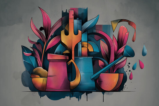 Vibrant graffiti-style logo for gardening enthusiasts featuring plants, shovel, and watering can