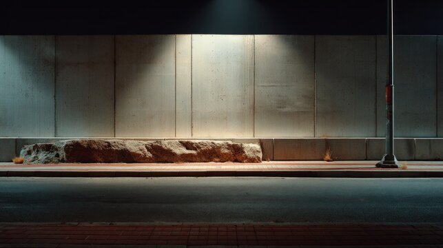 A dimly lit urban scene featuring a concrete wall, a rock formation, and a streetlight, creating a stark contrast against the dark surroundings.
