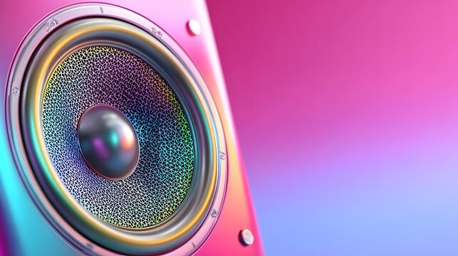 Detailed view of a modern audio speaker showcasing a multi colored textured cone and a glossy metallic frame with a smooth pink to blue gradient background