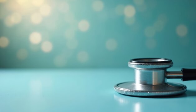 Medical stethoscope object rests on blue surface. Soft bokeh lights in background suggest clinic or hospital setting. Represents health care, doctor visit, or medical examination. Pro diagnostic tool.