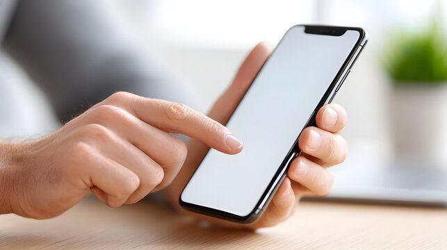 Close up view of hands using a blank screen smartphone showcasing a fingertip touching the display for navigation and interaction with digital content on a portable device