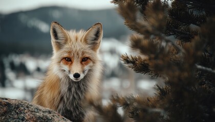 Fototapeta premium Alert wild canine with reddish fur stares directly from a rocky, cold outdoor environment.