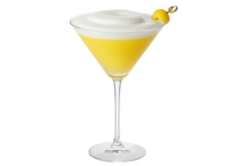 Elegant yellow cocktail in martini glass isolated, refreshing drink with foam and lemon garnish on a clean backdrop