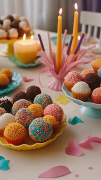 Colorful brigadeiros on a decorated birthday table