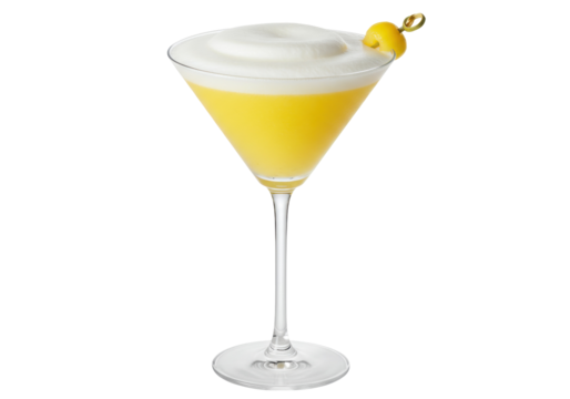 Elegant yellow cocktail in martini glass isolated, refreshing drink with foam and lemon garnish on a clean backdrop - Powered by Adobe