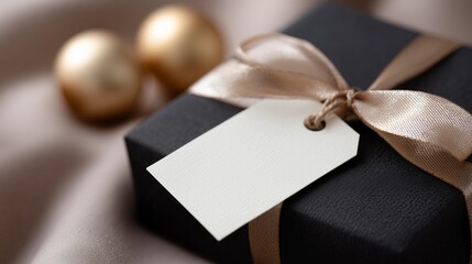 A stylishly wrapped present for a celebration, featuring a satin bow and a customizable label for personalized holiday or wedding messages.
