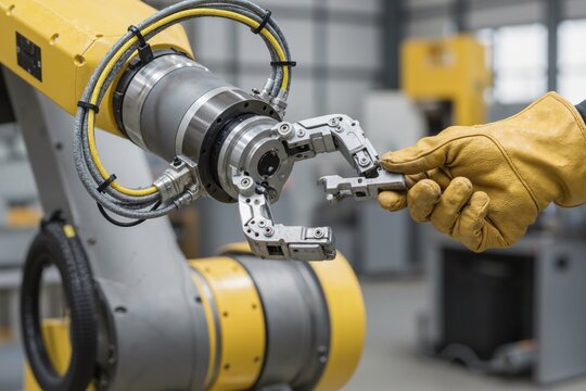 Gloved hand touches robotic gripper on yellow industrial robot in factory