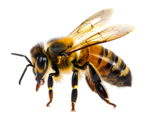 Detailed close-up of a honeybee in flight, wings spread, against black