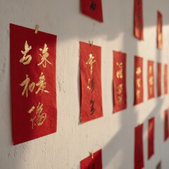 Red decorative paper with golden Chinese characters hanging on a white wall, symbolizing cultural celebration and tradition, creating a festive atmosphere for the holiday season