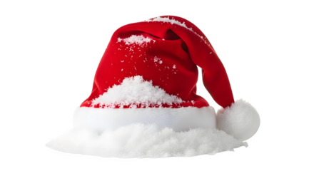 Red santa claus hat with snow for christmas isolated on transparent background