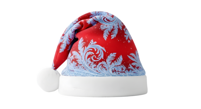 Red santa claus hat with blue decorative pattern isolated on transparent background