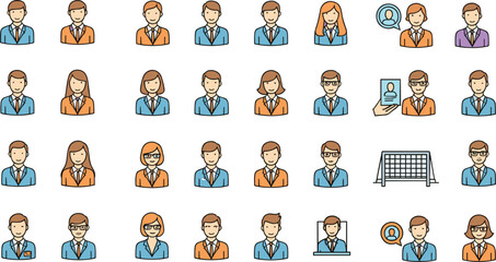 Diverse professional icons in business attire, vector illustration for human resources, workplace diversity, and team management concept
